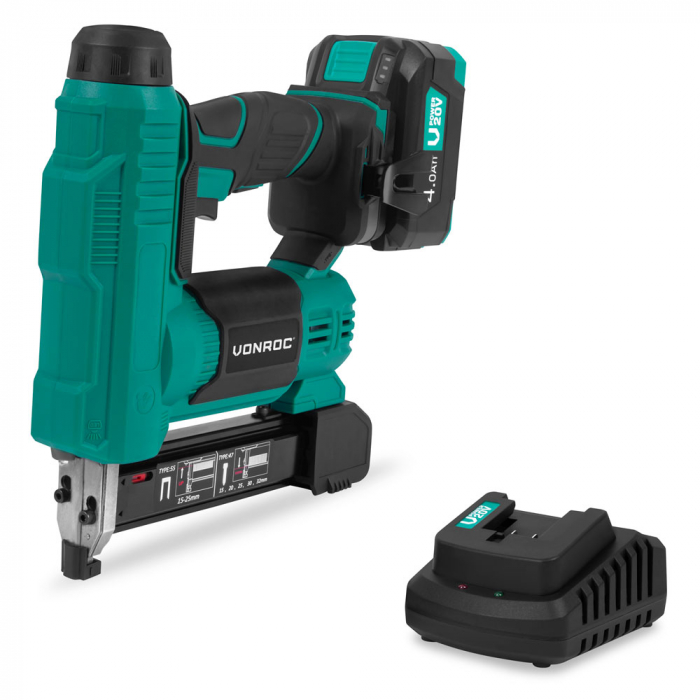 Akkus Tűzőgép és Szögbelövő 20V - 4Ah – Kapcsokat és szögeket tartalmaz | 1 akkumulátorral és gyorstöltővel main product photo